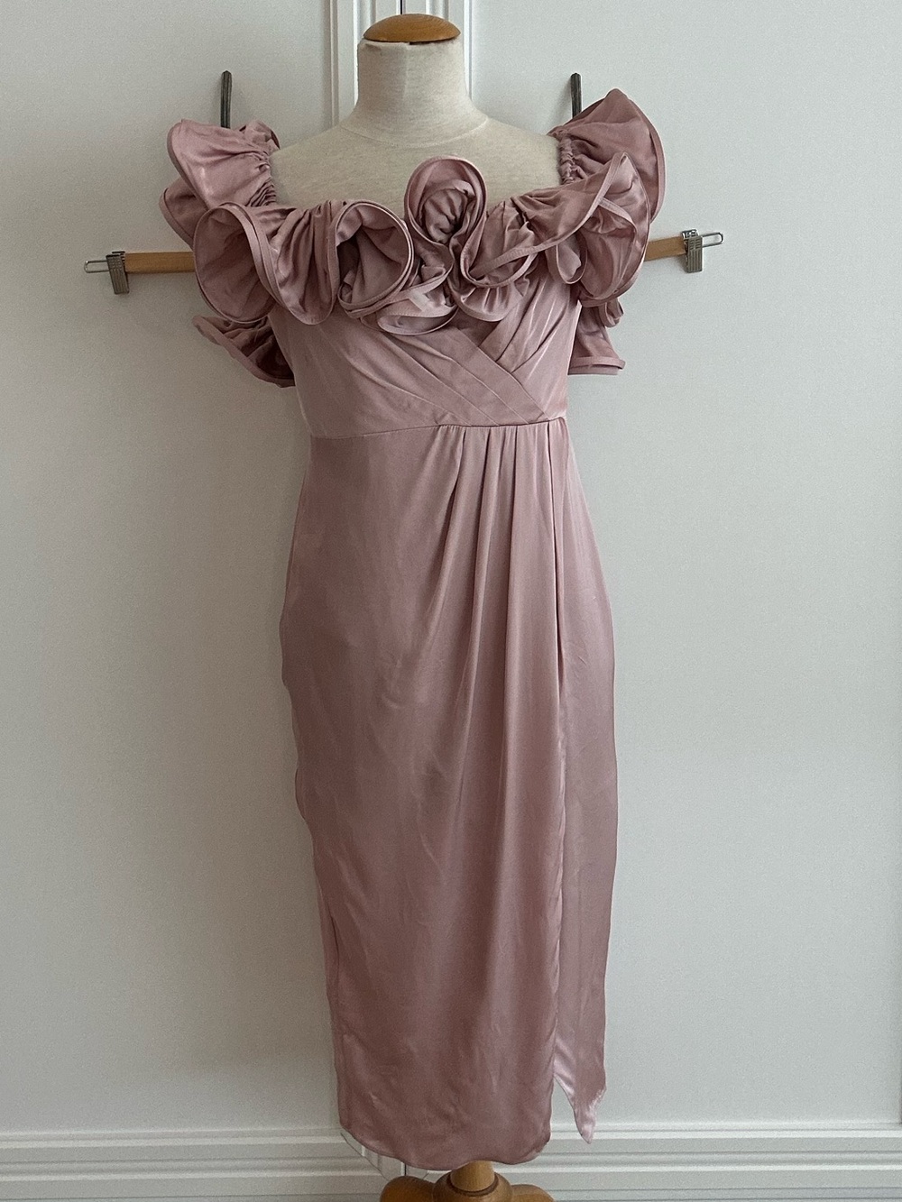 ASOS Rose Pink Ruffle Off-Shoulder Midi Dress